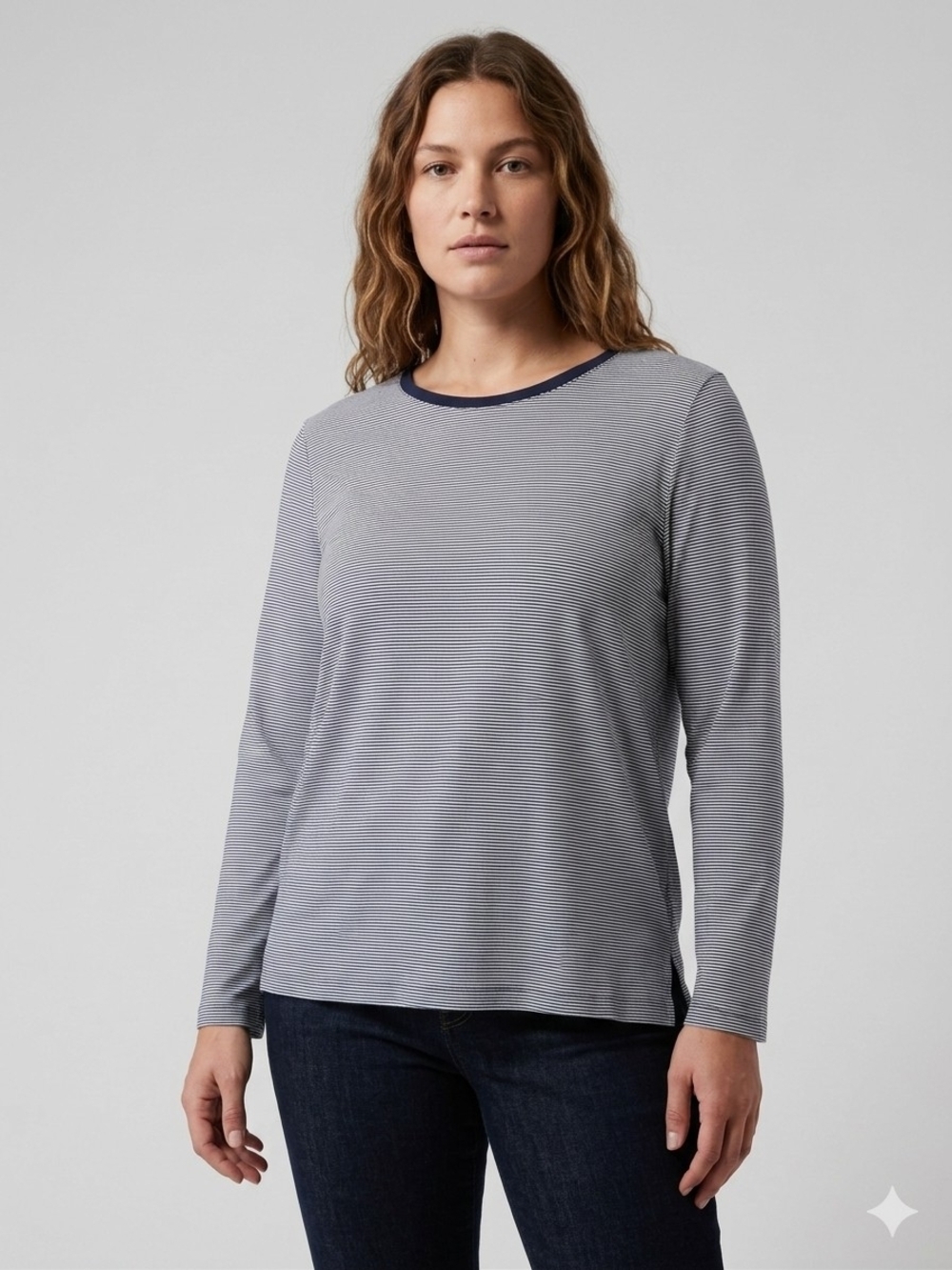 LOFT Navy and White Stripe Long-Sleeve Crew Top Split Hem Size XL